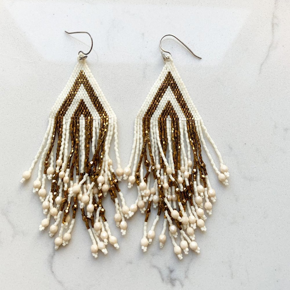 Gold & White Beaded Fringe Earrings
